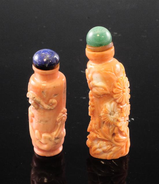 Two Chinese coral snuff bottles, late 19th / early 20th century, Richards 300 & 301